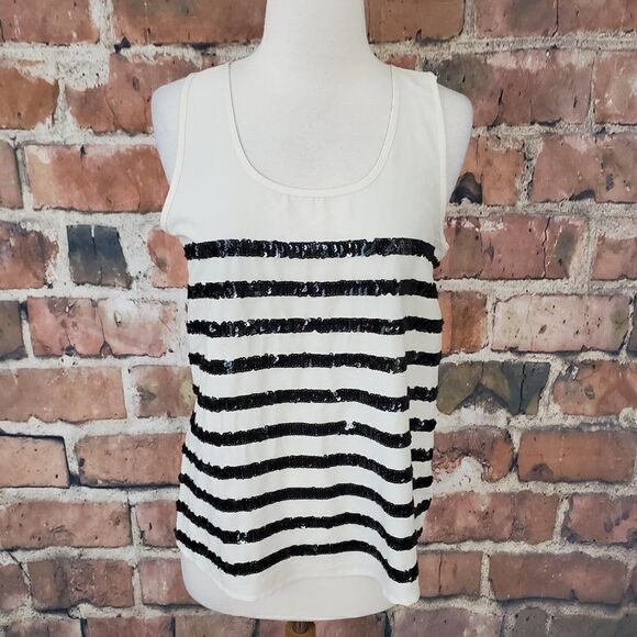 BANANA REPUBLIC FACTORY Striped Sequin Sleeveless Blouse Top Cream S NEW - Picture 1 of 6